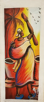 Painting (Unframed) - Village Woman Pounding Food With Baby On Back - Signed